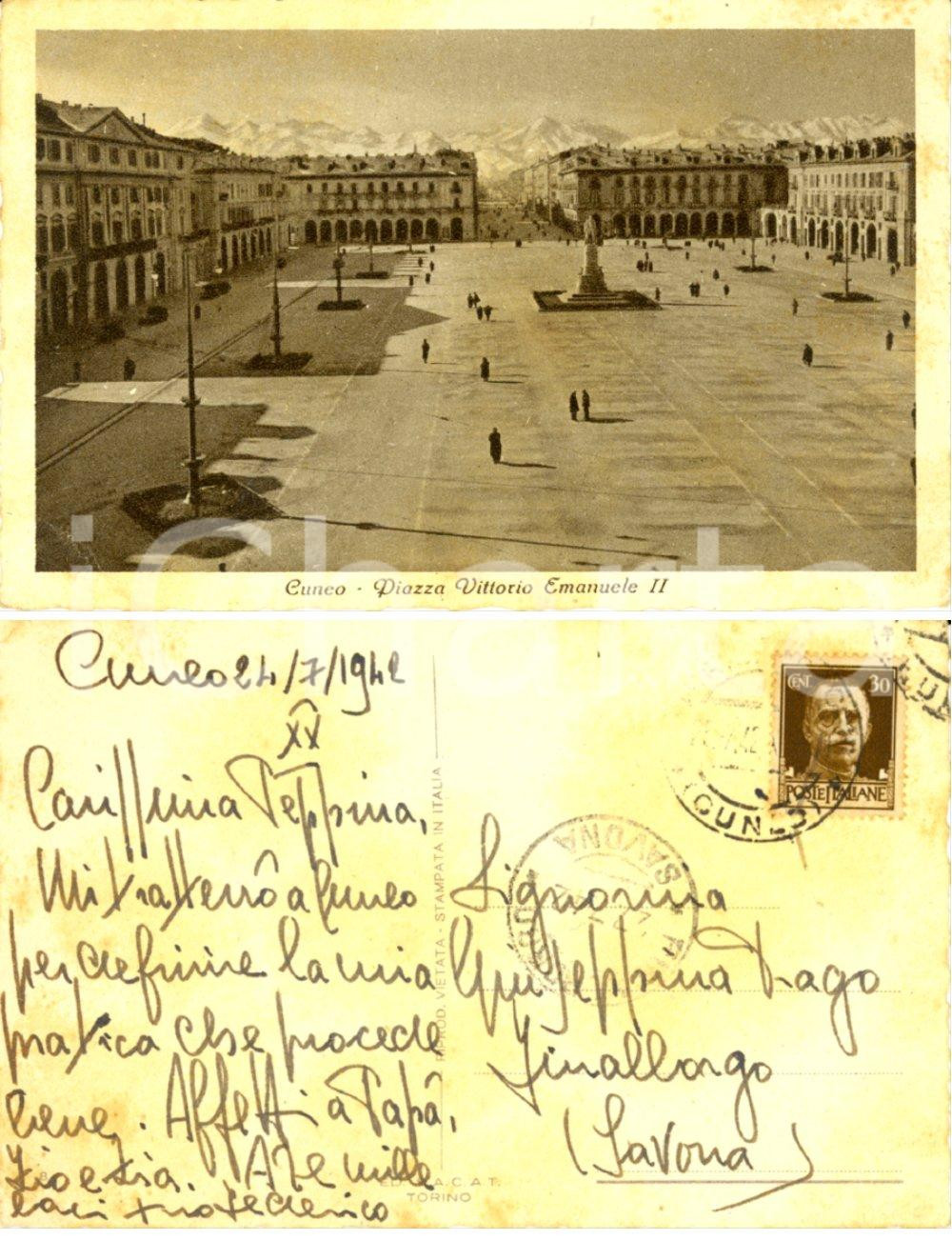 Autografo originale 1942 CUNEO Piazza Vittorio Emanuele II Cartolina Federico DRAGO FP VG 1