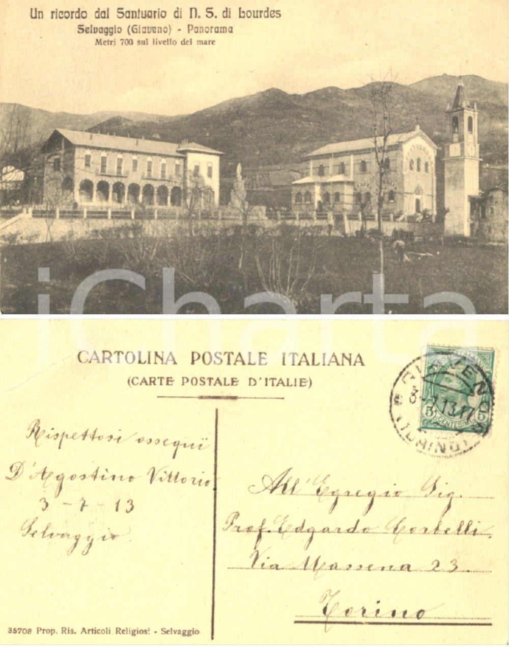 Autografo originale 1913 GIAVENO (TO) Santuario N. S. di Lourdes *Autografo Vittorio D'AGOSTINO 1