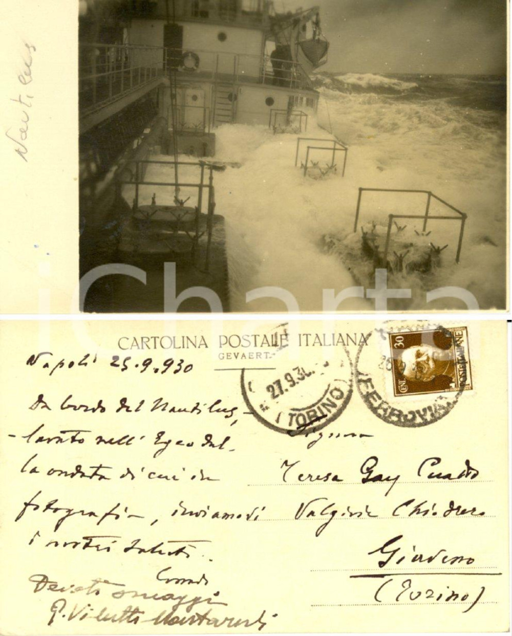 Autografo originale 1930 NAPOLI Mareggiata sul piroscafo NAUTILUS *Corrado GAY DI QUARTI FP VG 1