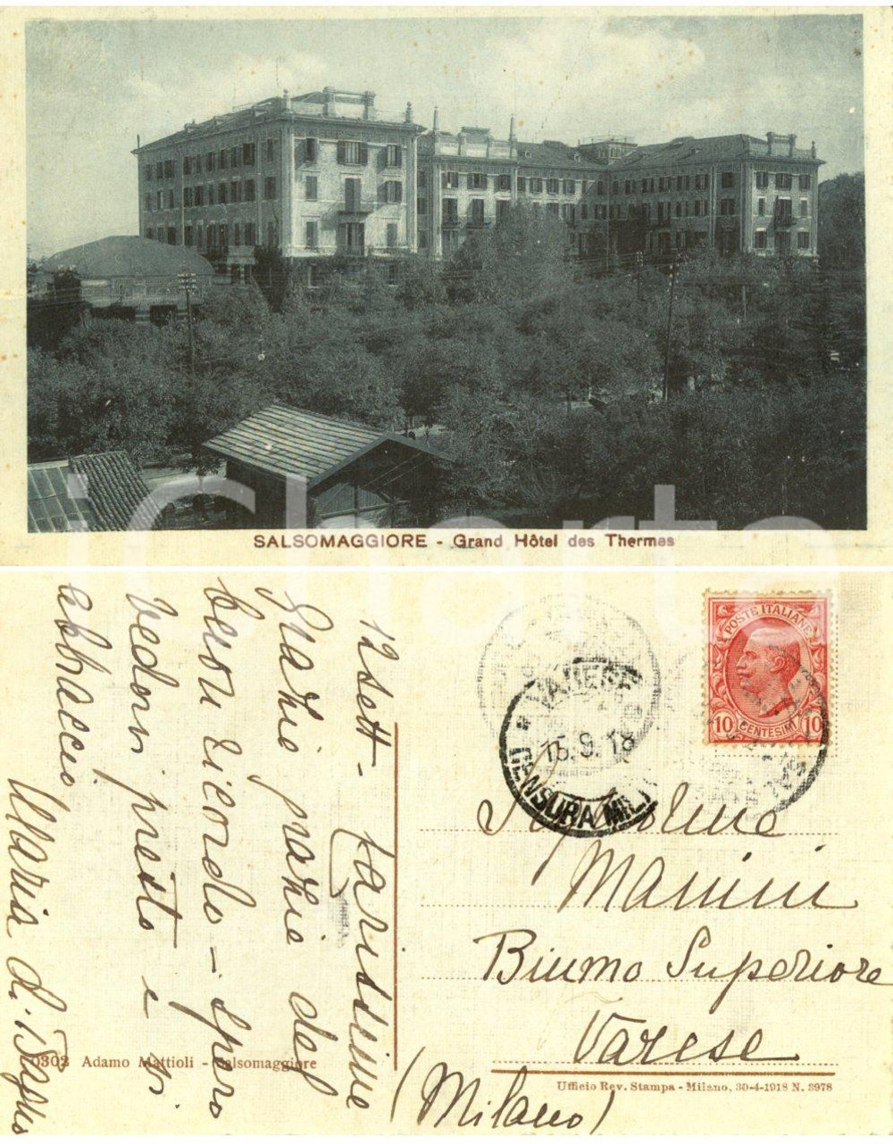 Autografo originale 1918 SALSOMAGGIORE TERME (PR) Grand Hotel des Thermes *Maria GUIDI DI BAGNO 1