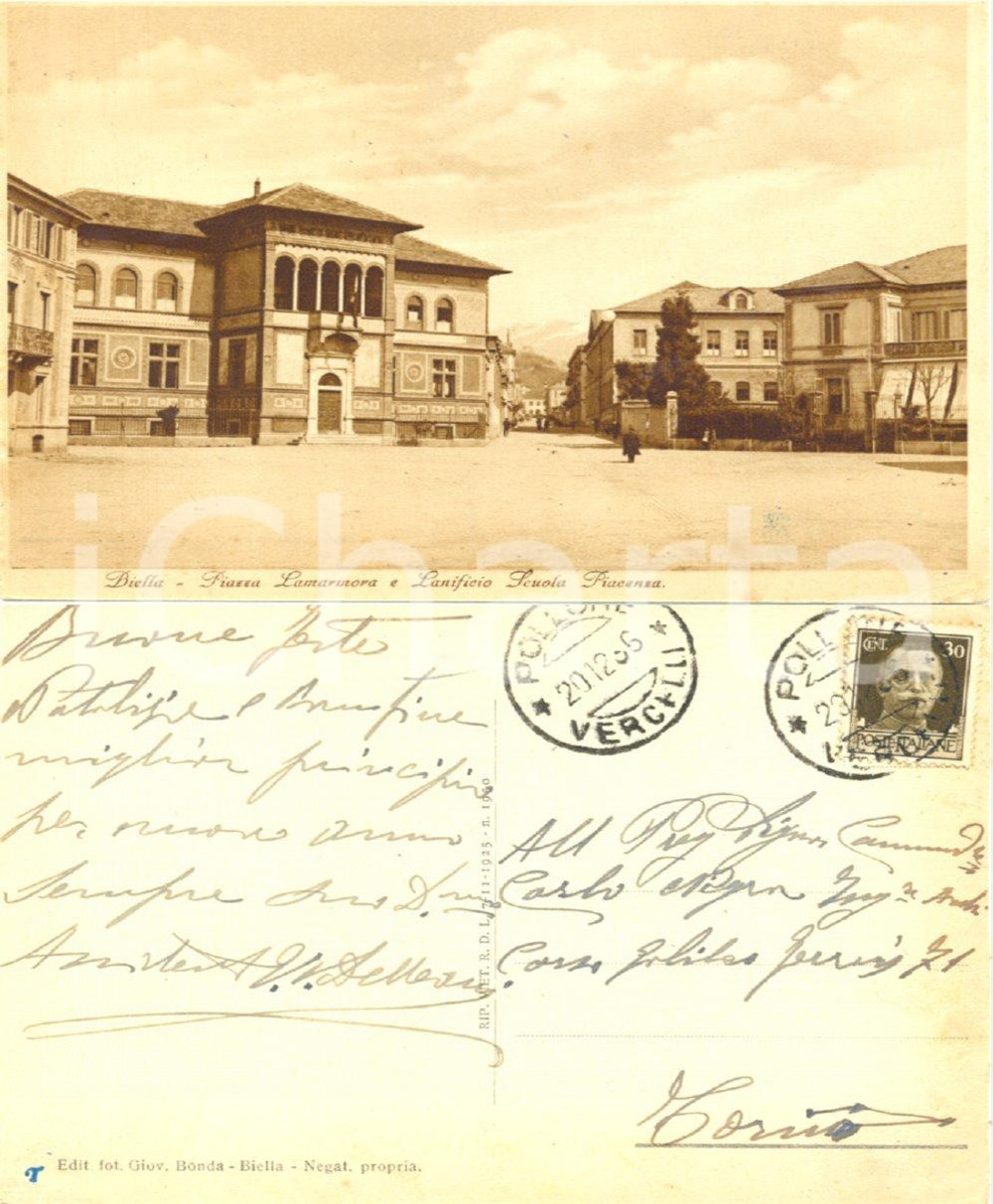Autografo originale 1936 BIELLA Piazza Lamarmora e lanificio *Autografo Vincenzo DELLEANI FG VG 1