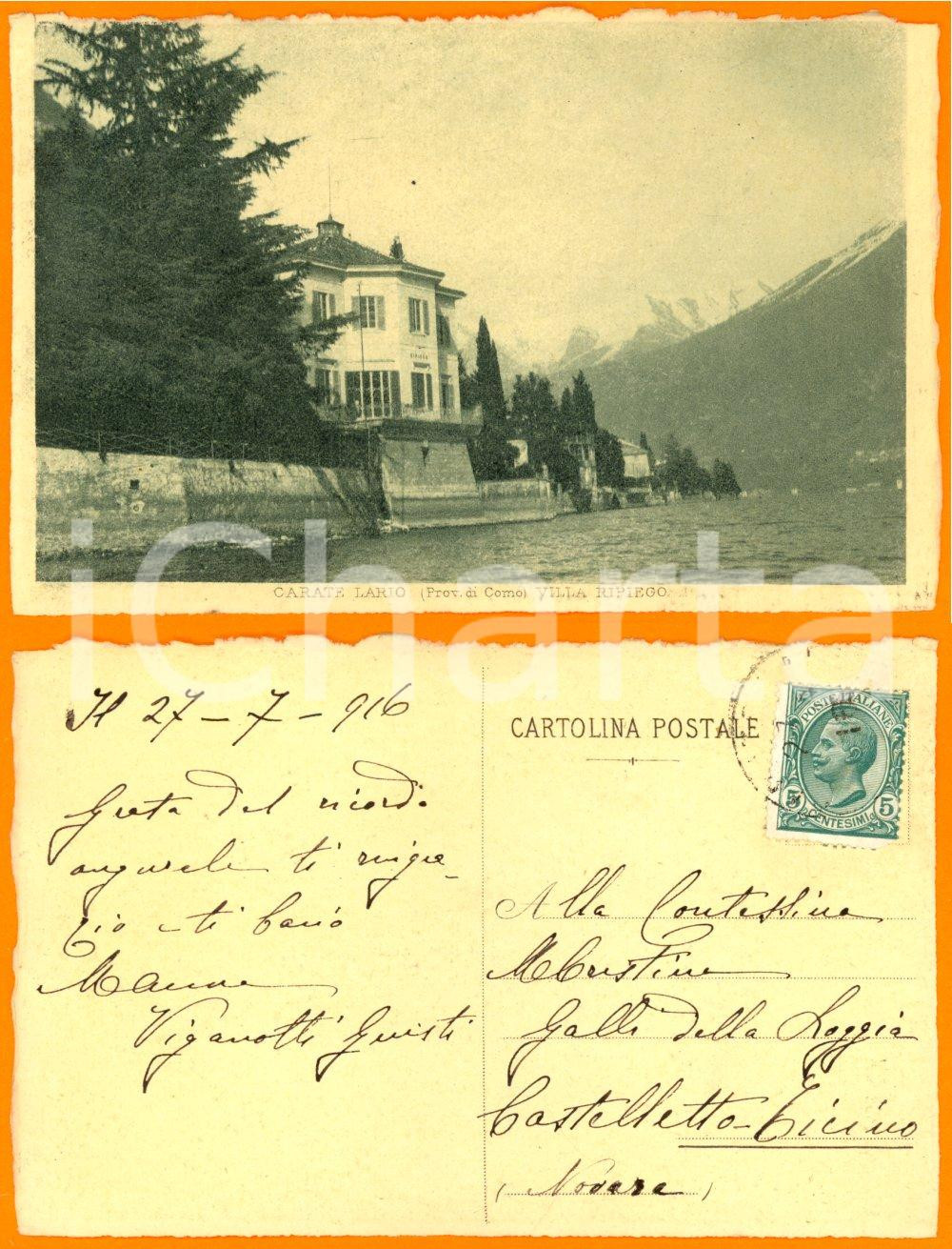 Autografo originale 1916 CARATE LARIO (CO) Villa RIPIEGO *Autografo Maria VIGANOTTI GIUSTI FP VG 1