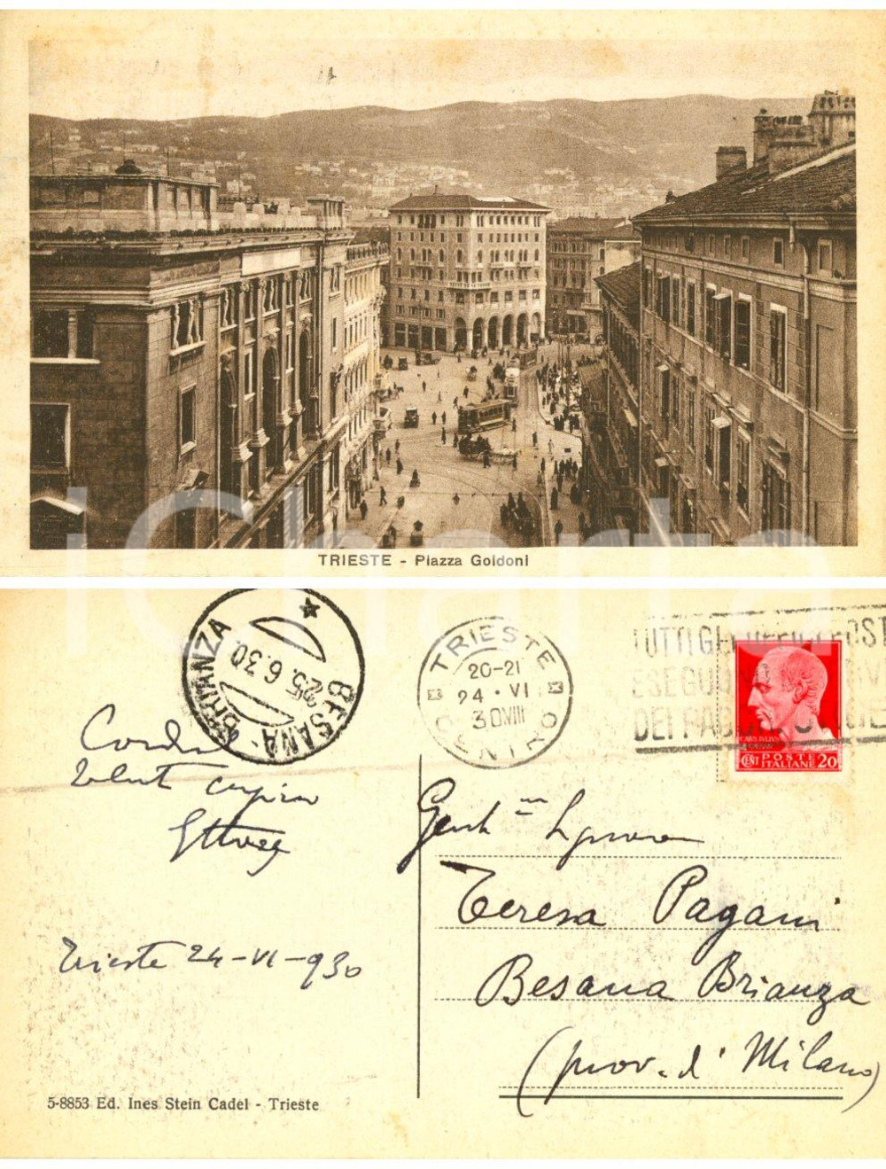 Cartolina originale da collezione 1930 TRIESTE Piazza Goldoni *Cartolina alla pittrice Teresa PAGANI FP VG 1