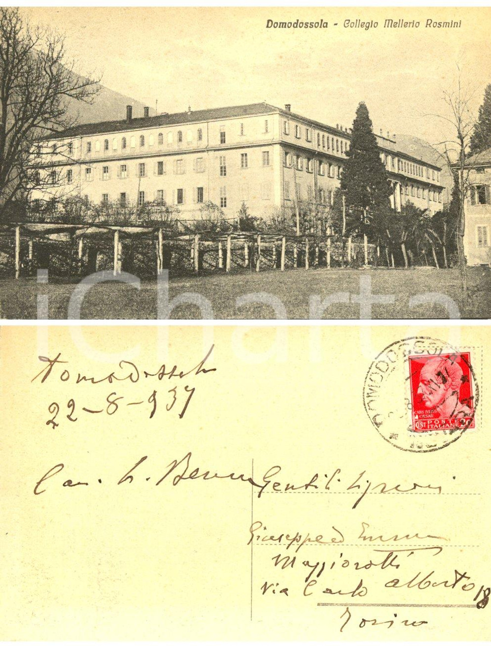 Autografo originale 1937 DOMODOSSOLA (VB) Collegio ROSMINI *Cartolina cav. Lodovico BERRA FP VG 1