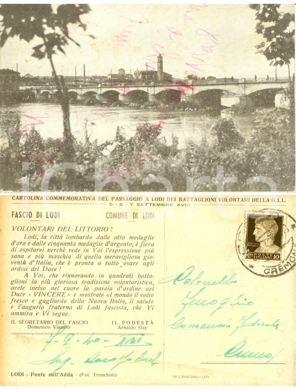 Autografo originale 1940 LODI Cartolina volontari della GIL *Ing. Carlo CAROSSO Autografo FP VG 1