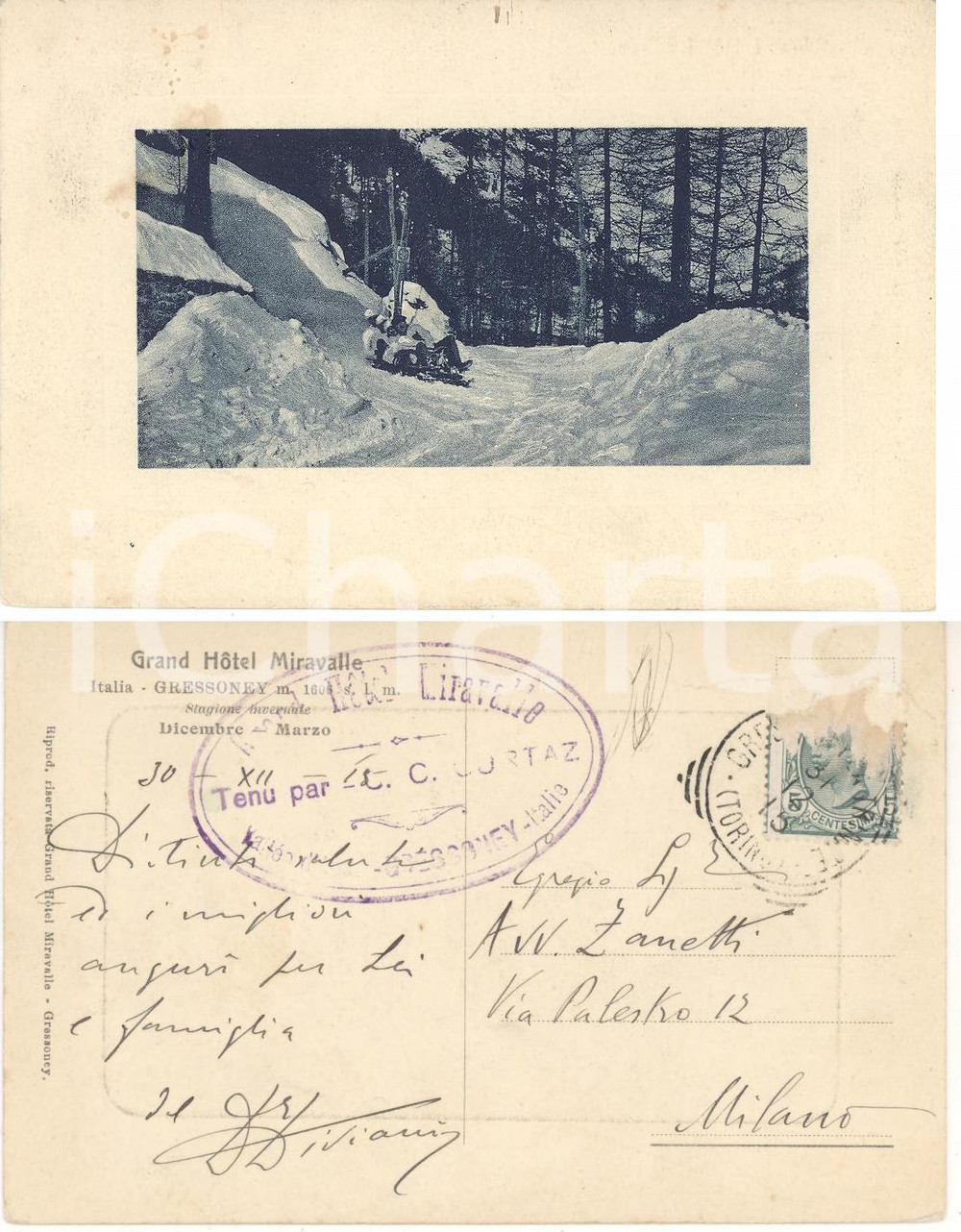 Autografo originale 1913 GRESSONEY (AO) Grand Hotel Miravalle *Autografo dott. Eugenio DIVIANI FP VG 1