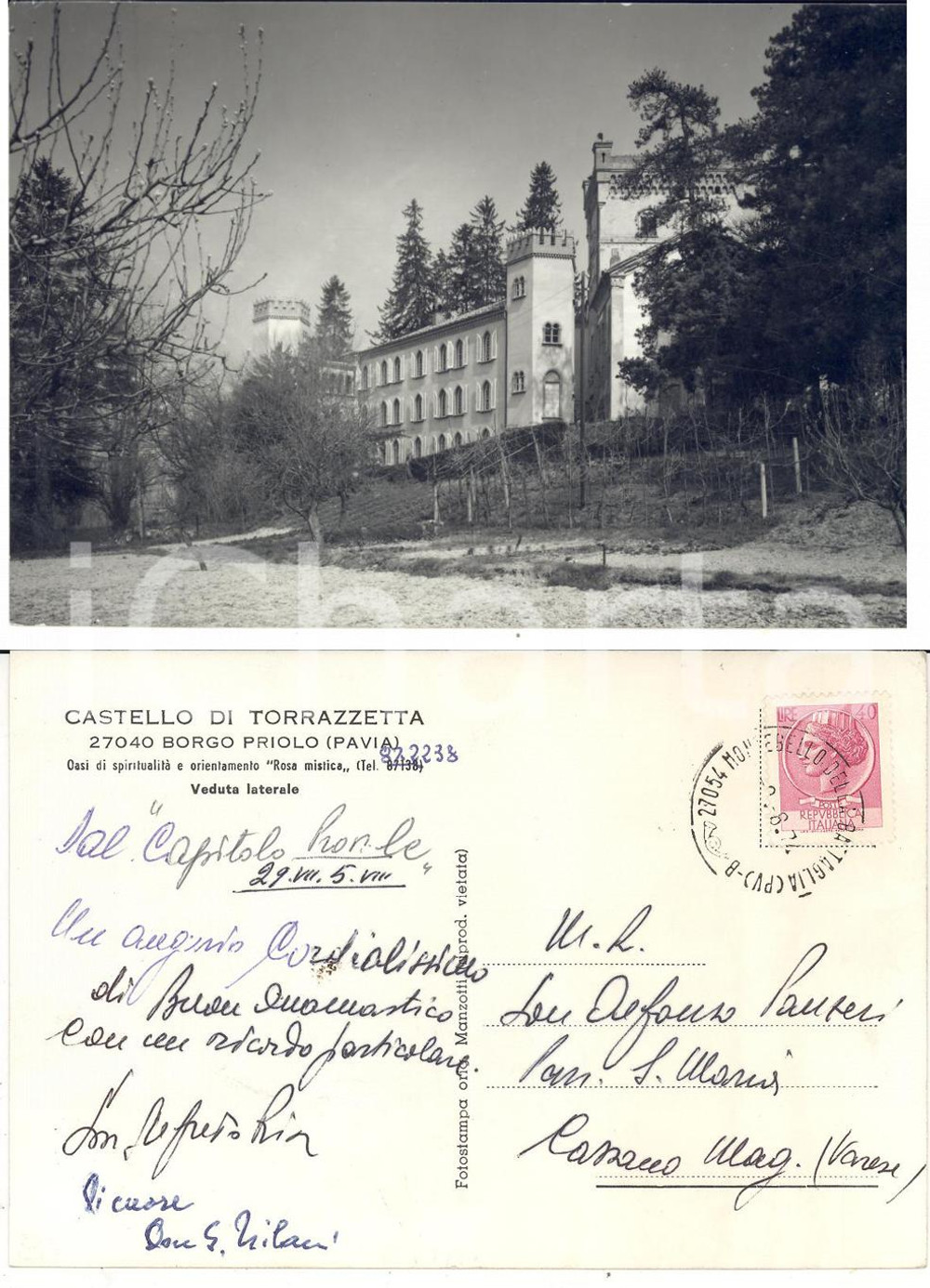 Cartolina originale da collezione 1970 ca BORGO PRIOLO (PV) Castello di TORRAZZETTA *Don Alfredo RIVA FG VG 1