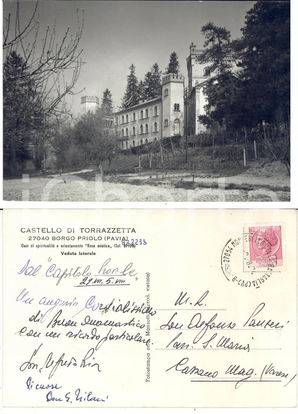 Cartolina originale da collezione 1970 ca BORGO PRIOLO PV Castello di TORRAZZETTA Don Alfredo RIVA FG VG 1