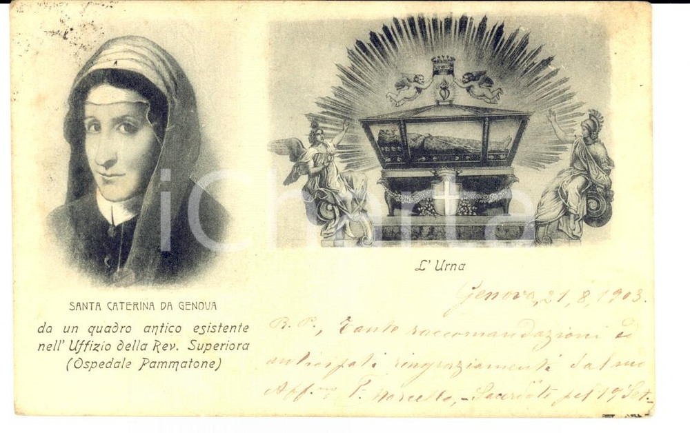 Cartolina originale da collezione 1903 GENOVA Urna Santa Caterina Cartolina a padre Ottaviano da SAVONA FP 1