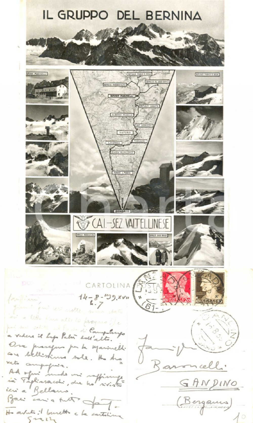 Autografo originale 1939 DOSSO DEI VETTI (SO) Gruppo del BERNINA *Autografo Dante BARONCELLI 1