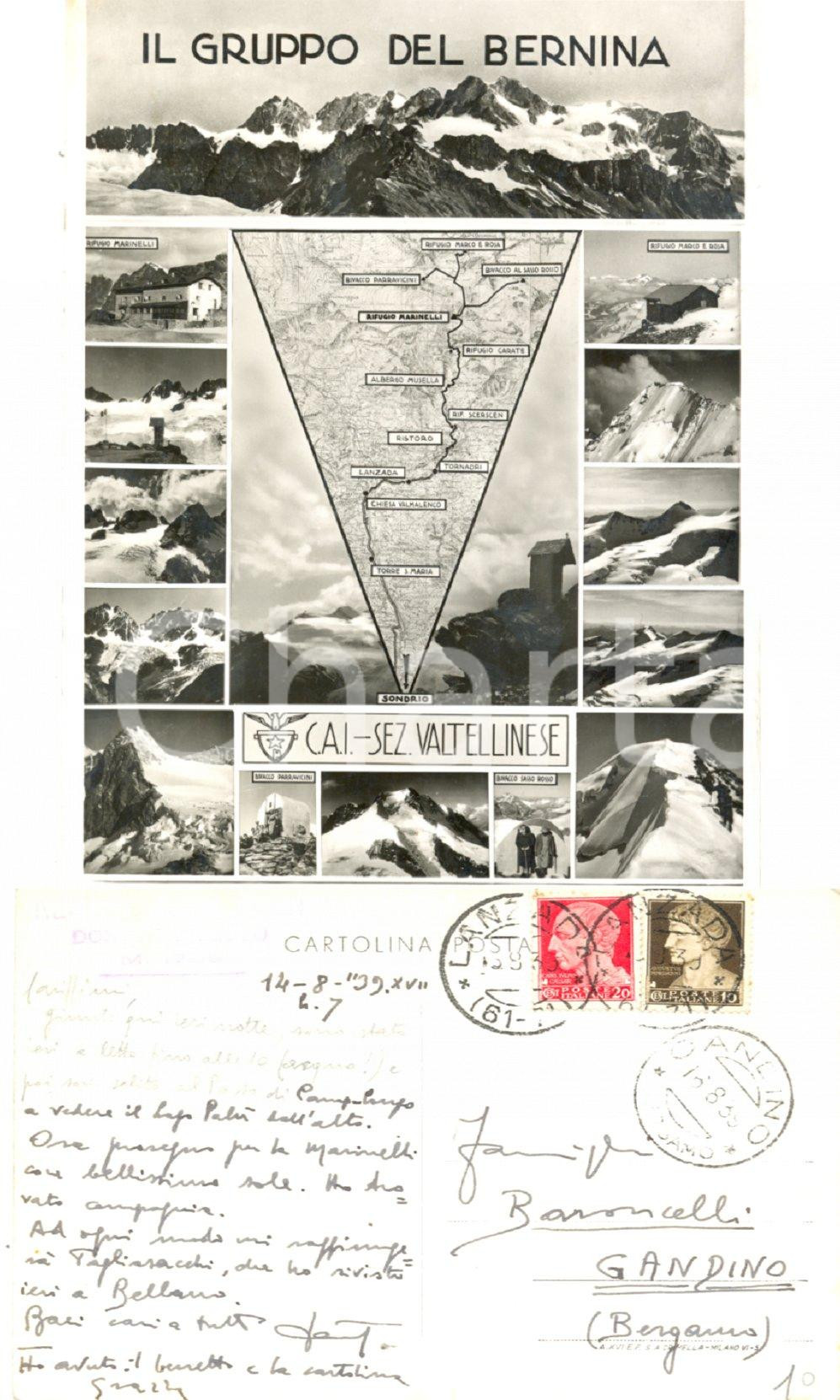 Autografo originale 1939 DOSSO DEI VETTI SO Gruppo del BERNINA Autografo Dante BARONCELLI 1