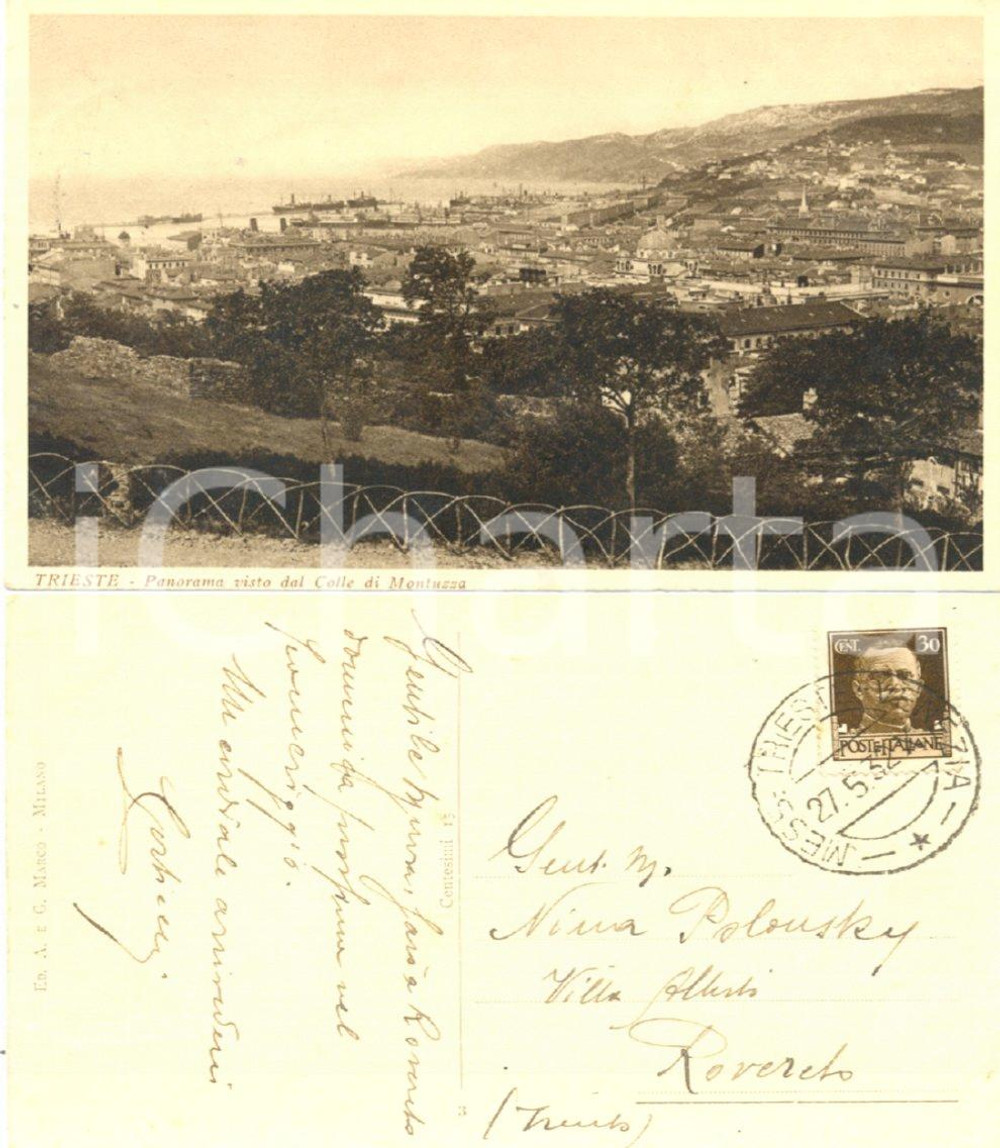 Autografo originale 1932 TRIESTE Panorama da MONTUZZA Editore CORTICELLI a Nina POLONSKY *Autografo 1