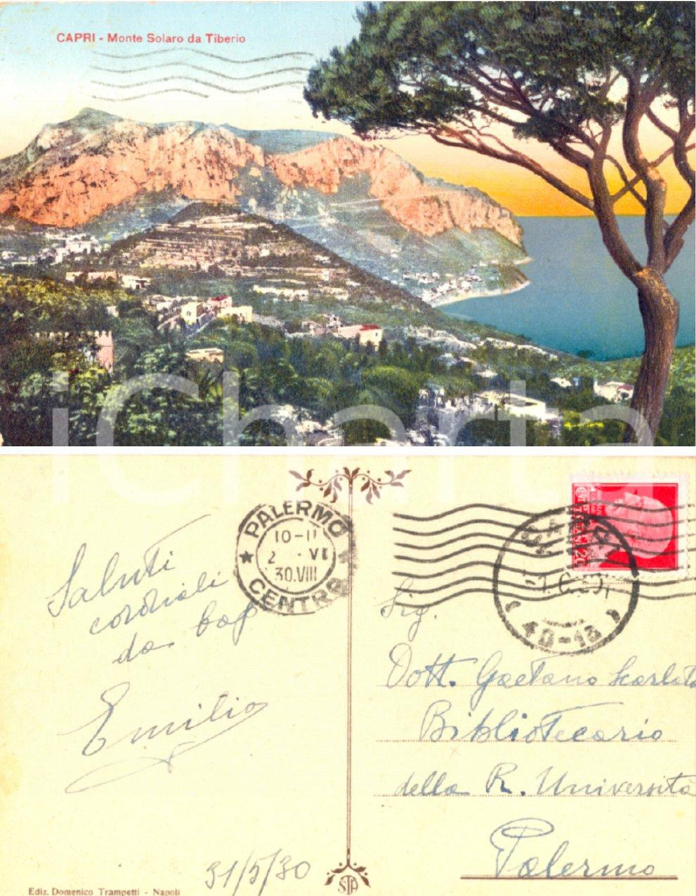 Cartolina originale da collezione 1930 CAPRI (NA) Monte SOLARO da Tiberio *Cartolina a Gaetano SCARLATA FP VG 1