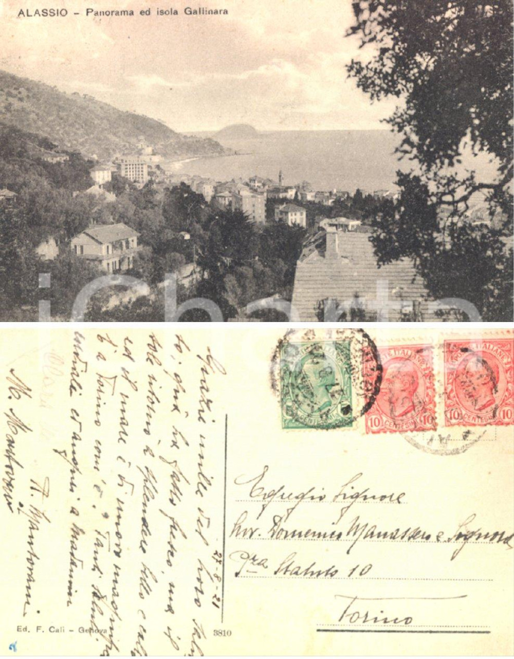 Cartolina originale da collezione 1921 ALASSIO Panorama ed isola Gallinara *Cartolina all'avv. Domenico MANASSERO 1