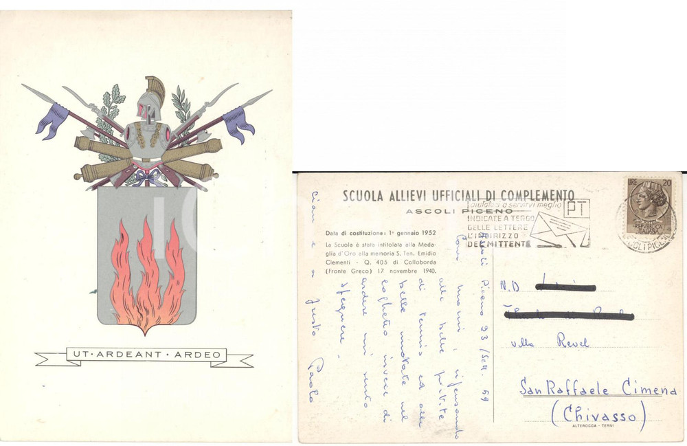 Cartolina originale da collezione 1959 ASCOLI PICENO Scuola Allievi Ufficiali Cartolina a Ludovica THAON DI REVEL 1