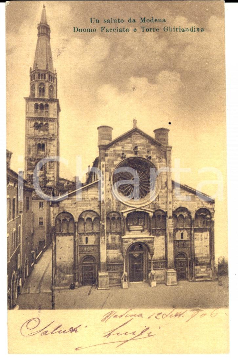 Autografo originale 1906 MODENA Duomo e Torre GHIRLANDINA *Cartolina ad Aristide BIGLIONE DI VIARIGI 1