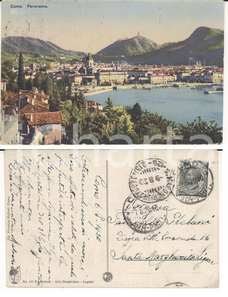 Cartolina originale da collezione 1920 COMO Panorama con il lago  Autografo Piero MALACRIDA 1