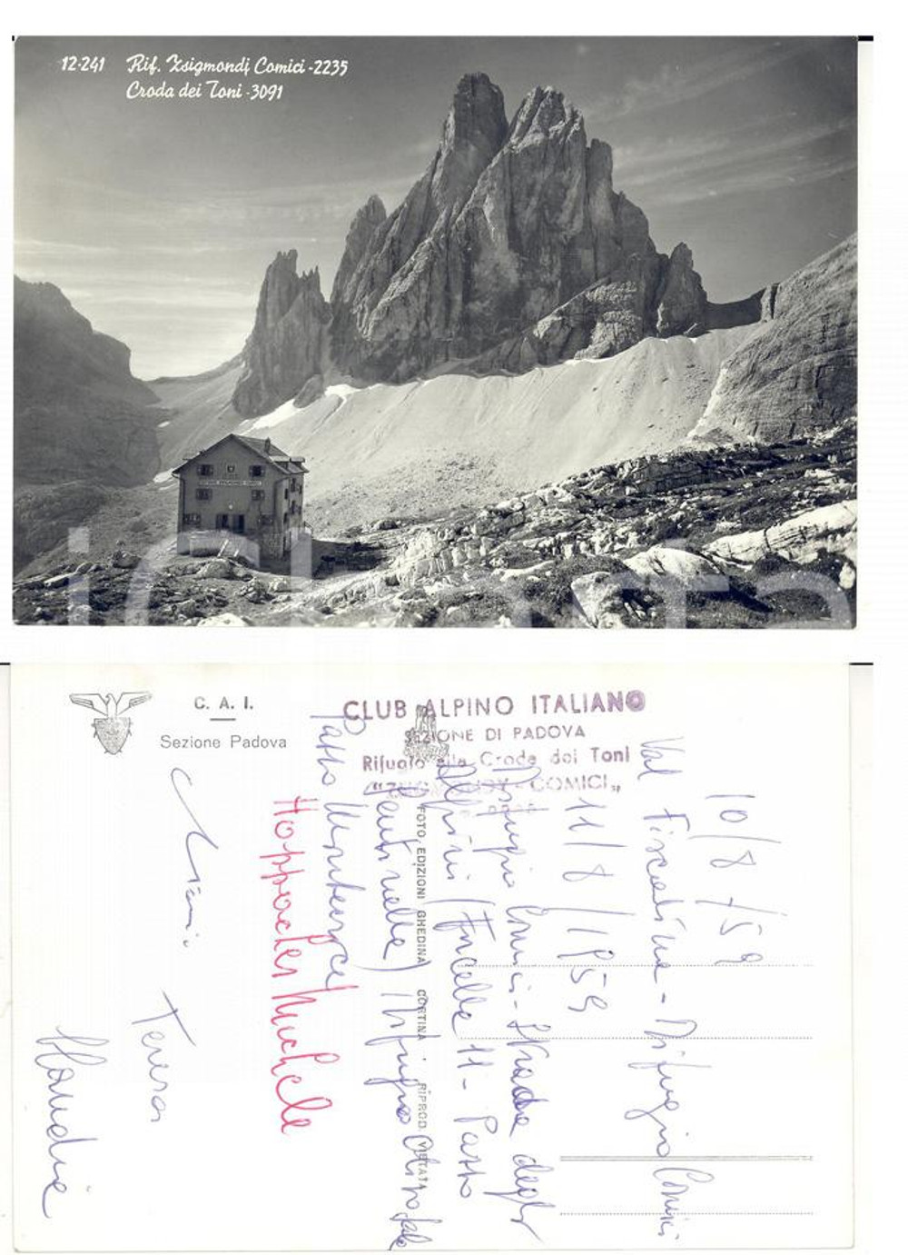 Autografo originale 1959 Rifugio ZSIGMONDY COMICI Croda dei Toni (BZ) *Cartolina Michele HAPPACHER 1