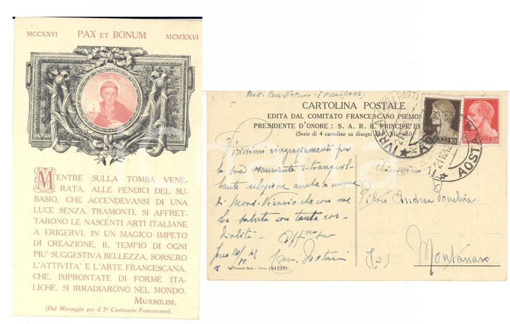 Autografo originale 1942 IVREA (TO) Autografo mons. Carlo NOTARIO su cartolina Comitato Francescano 1