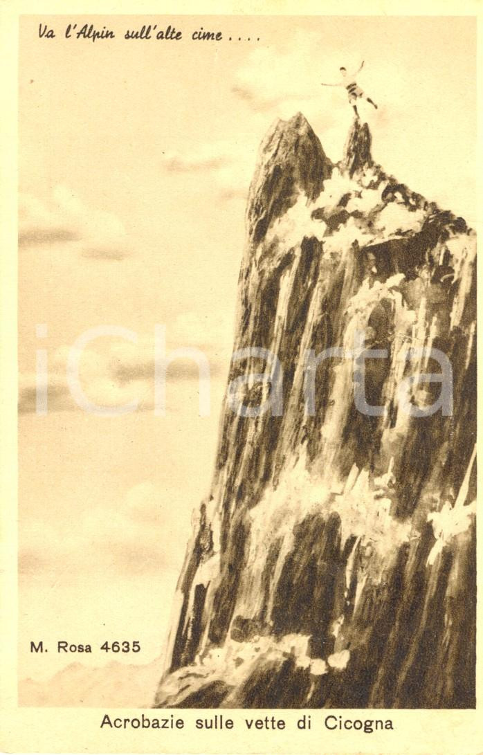 Cartolina originale da collezione 1920 ca CICOGNA DI COSSOGNO (VB) Acrobazie sulle vette *FOTOMONTAGGIO FP NV 1
