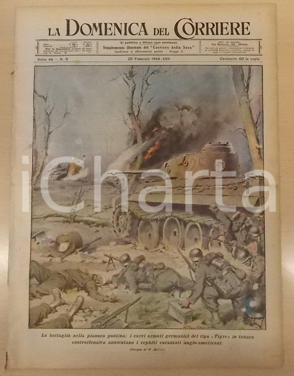 Giornale, rivista storica 1944 RSI DOMENICA DEL CORRIERE Tedeschi e italiani alleati nella pianura pontina 1