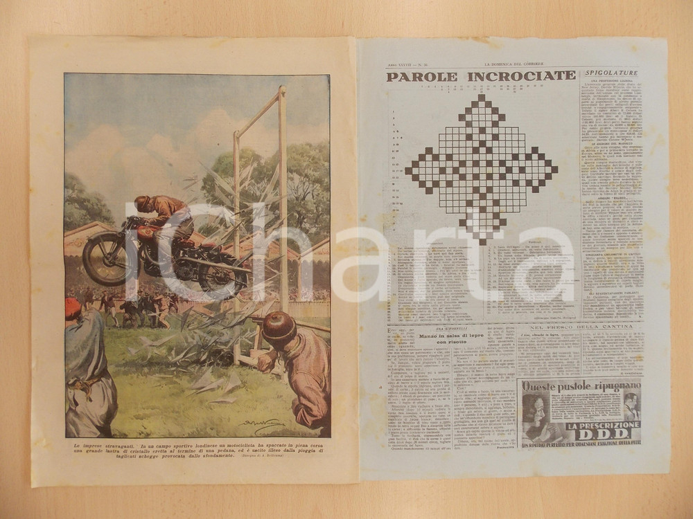 Giornale, rivista storica 1935 DOMENICA DEL CORRIERE Motociclista infrange lastra di cristallo a LONDRA 1