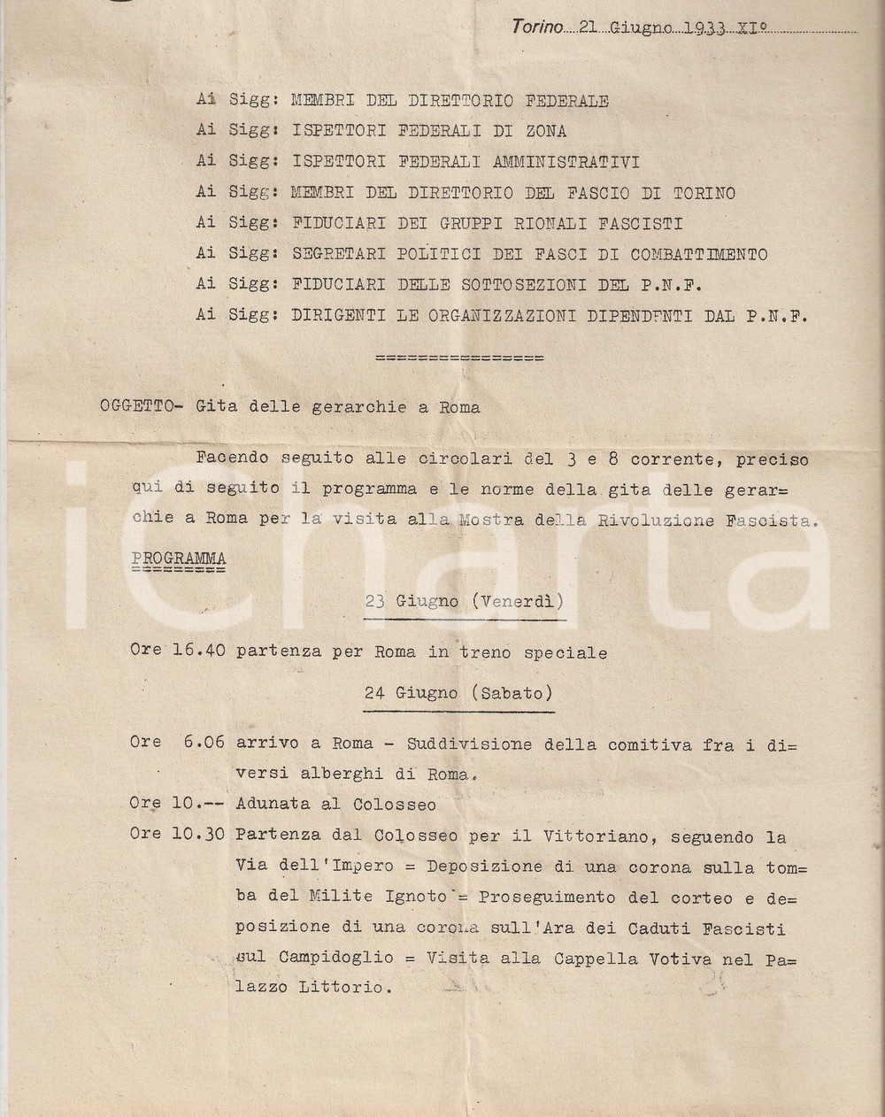 Documento originale, autentico 1933 PNF TORINO Gita delle Gerarchie a Roma  Programma 1