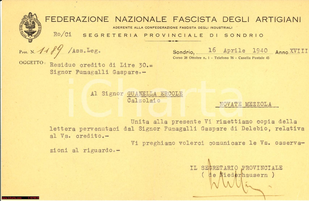 Documento originale, autentico 1940 NOVATE MEZZOLA SO FNF Artigiani credito calzolaio 1