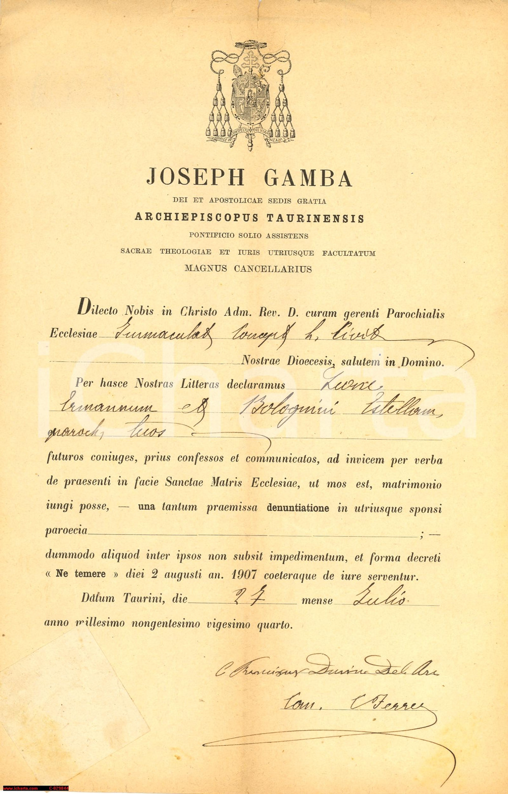Documento originale, autentico 1924 TORINO Matrimonio Ermanno LEONE  Estella BOLOGNINI Dispensa 1