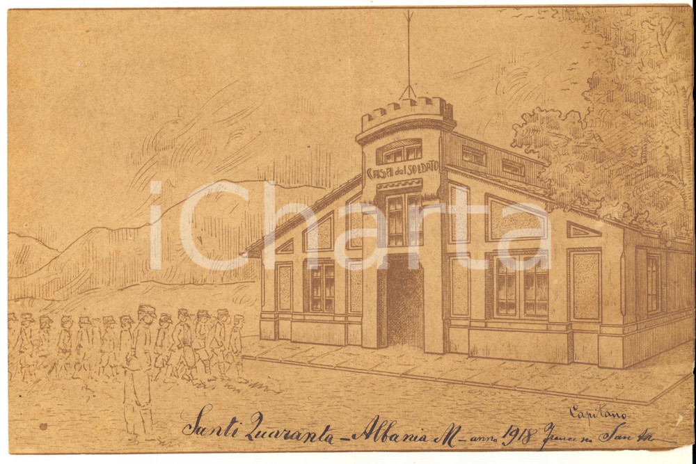 Stampa, bozzetto originale 1918 ALBANIA SARANDA /SANTI QUARANTA  Casa del Soldato  Stampa 22x14 cm 1