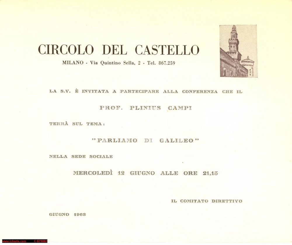 Oggetto da collezione cartaceo 1963 MILANO Circolo del Castello Conferenza Plinius Campi su Galilei  Invito 1
