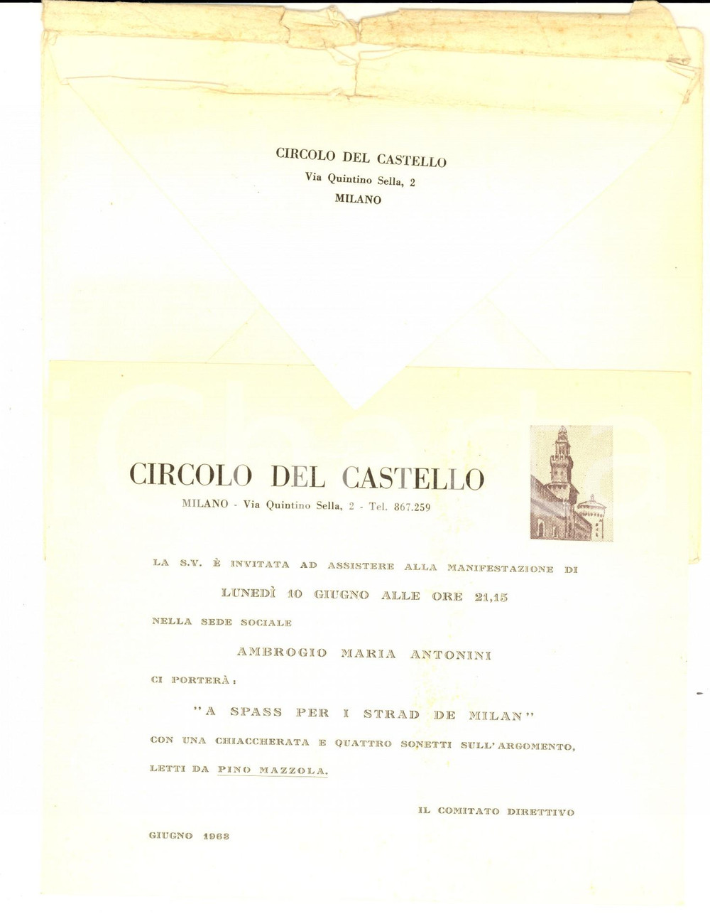 Manoscritto, lettera originale 1963 MILANO CIRCOLO DEL CASTELLO Invito serata Pino MAZZOLA A spass per i strad 1