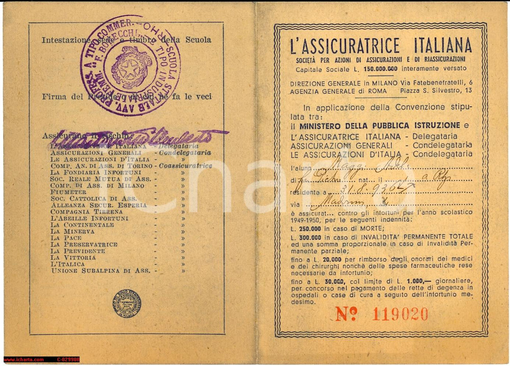 Oggetto da collezione cartaceo 1949 TESSERA ASSICURAZIONE SCUOLA BONECCHI RHO 1