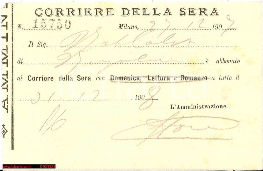 Documento originale, autentico 1927 CORRIERE DELLA SERA abbonamento annuale 1