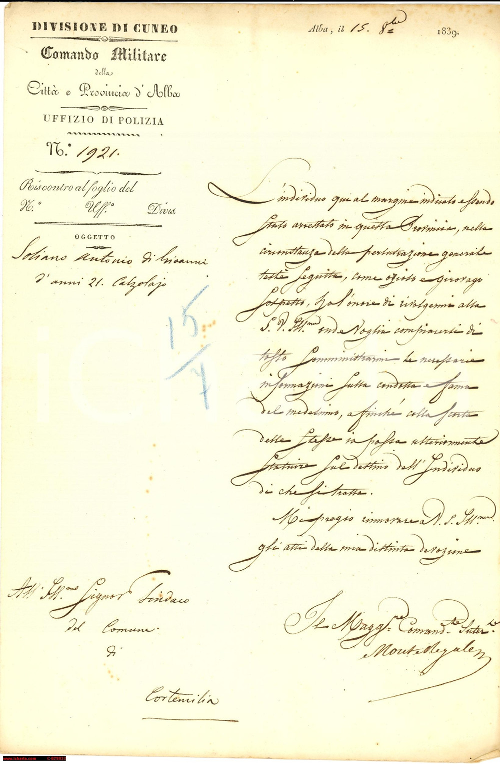 Documento originale, autentico 1839 ALBA Soliano Antonio girovago sospetto manos. 1