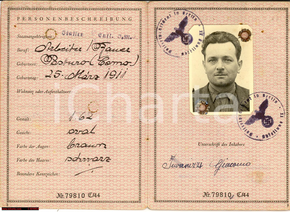 Documento originale, autentico 1944 Pasturo DEUTCHES REICH fremdenpass Invernizzi 1