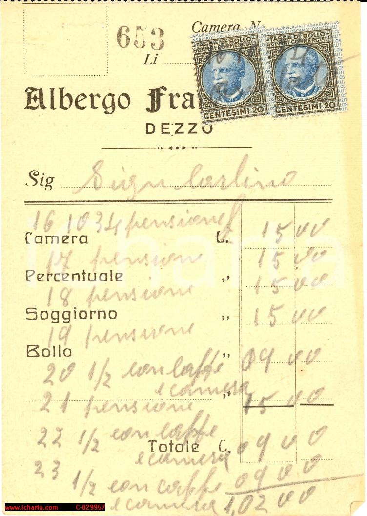Documento originale, autentico 1934 DEZZO DI SCALVE Albergo Franceschetti  Conto soggiorno  Ricevuta con bolli 1