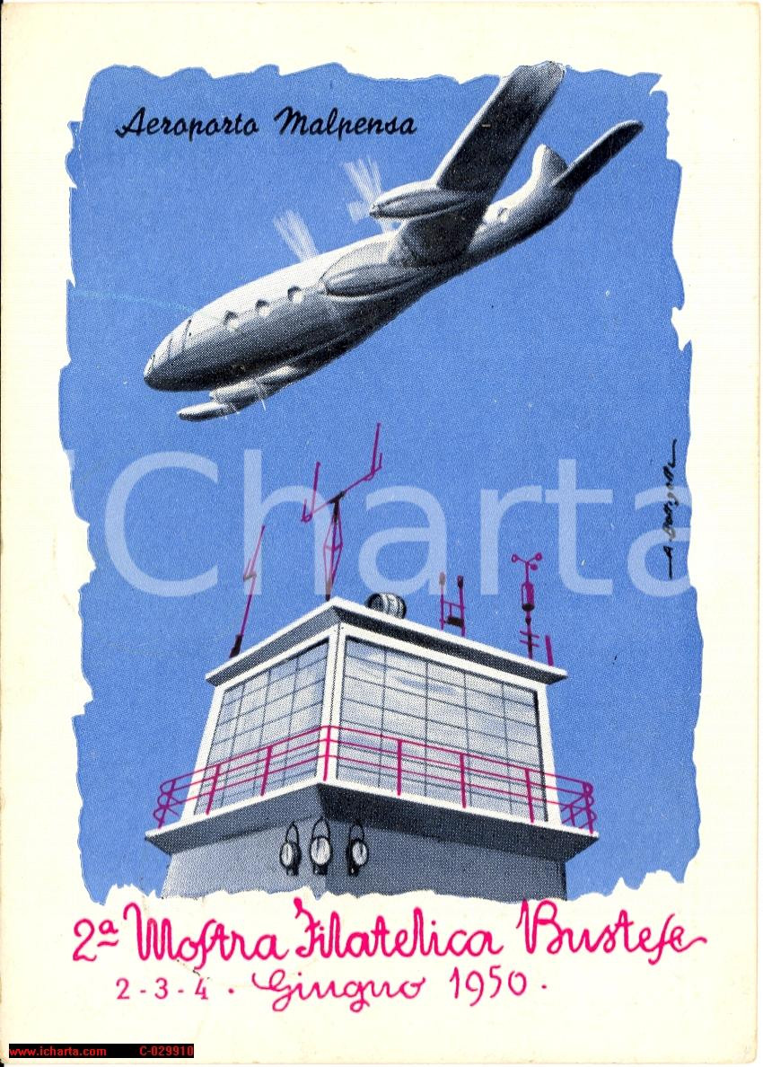 Cartolina originale da collezione 1950 AEROPORTO MALPENSA Mostra filatelica bustese Cartolina annullo 1
