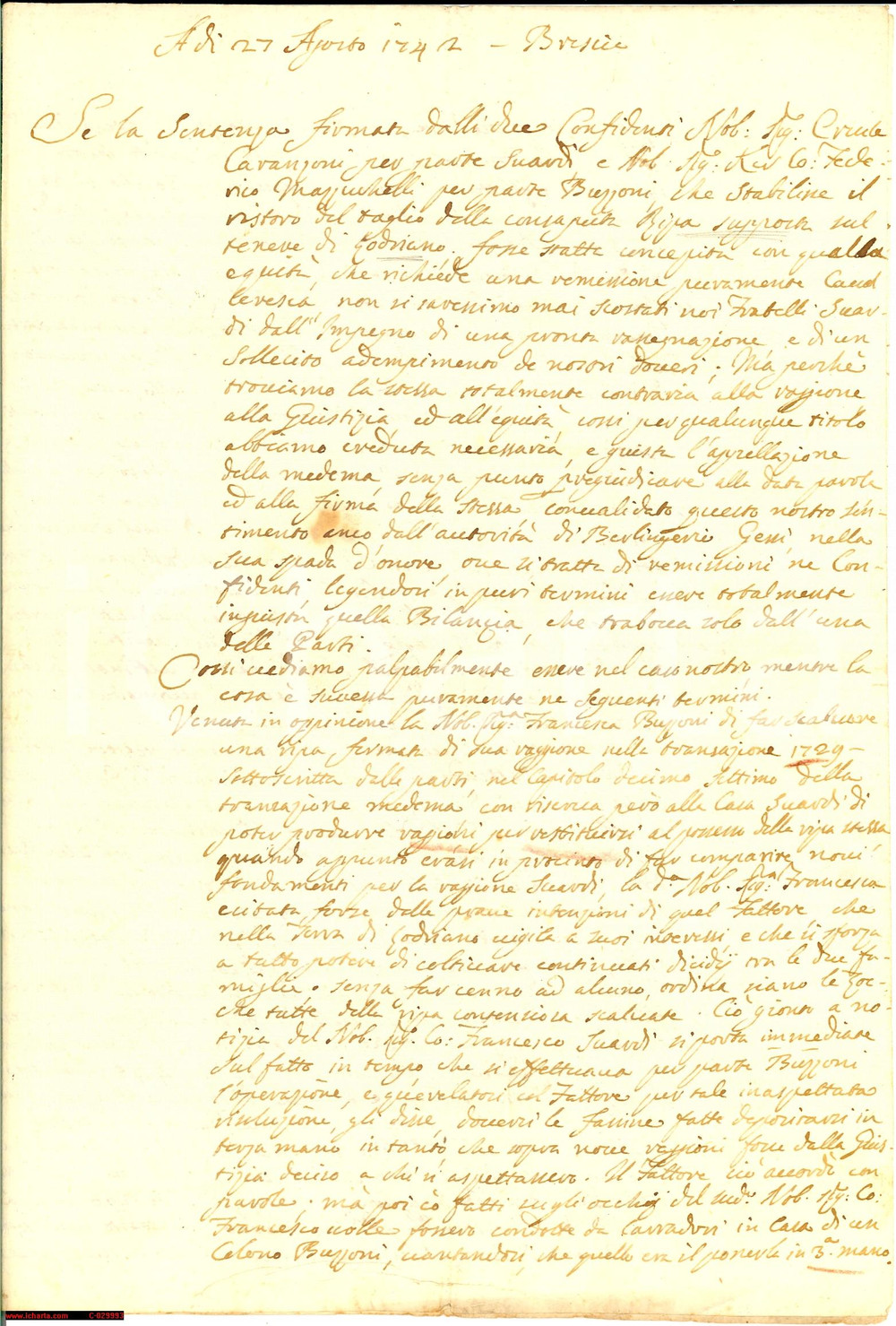 Documento originale, autentico 1742 LUDRIANO Lite SUARDI  BUZZONI per taglio ripa Manoscritto 1