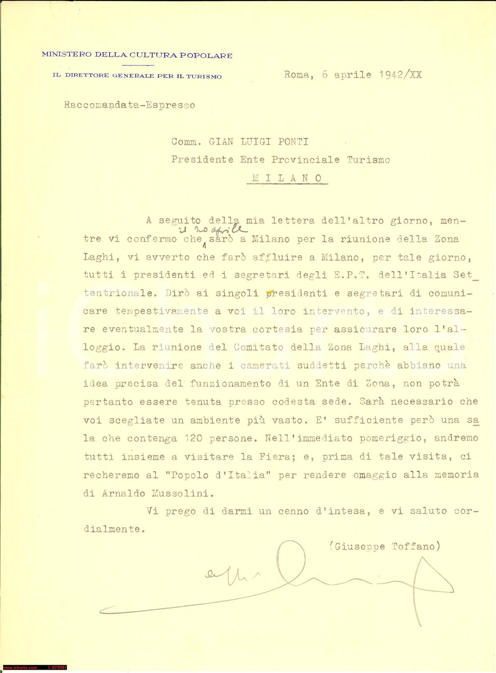 Autografo originale 1942 MILANO Giuseppe TOFFANO riunisce Comitato Zona Laghi  Autografo 1