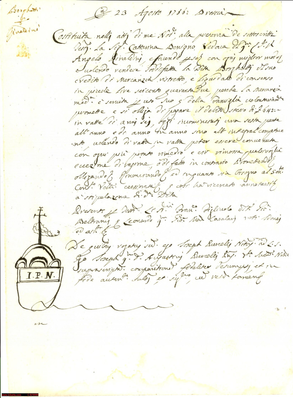 Documento originale, autentico 1766 BRESCIA Caterina BENIGNO salda mercanzia ditta BORGHETTI 1