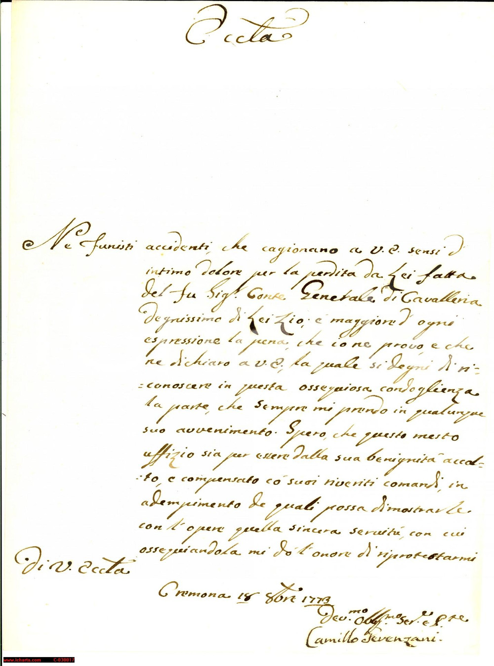 Manoscritto, lettera originale 1773 CREMONA Condoglianze del nobile Camillo GERENZANI  Autografo 1