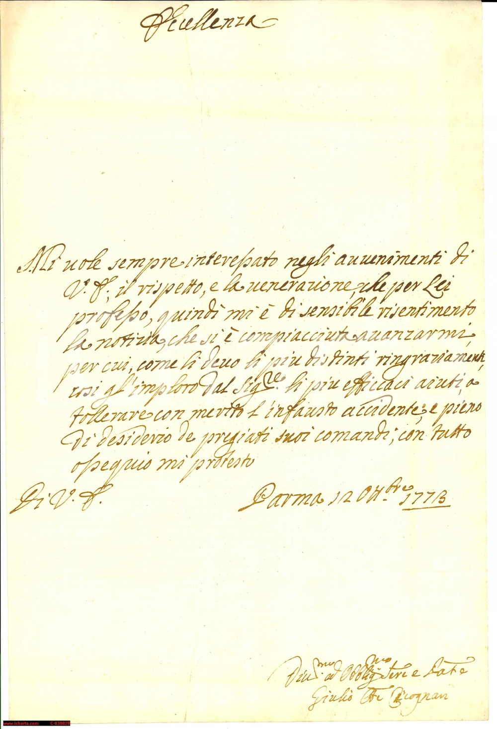Autografo originale 1773 PARMA Lettera a un amico Autografo Conte Giulio CICOGNARA 1