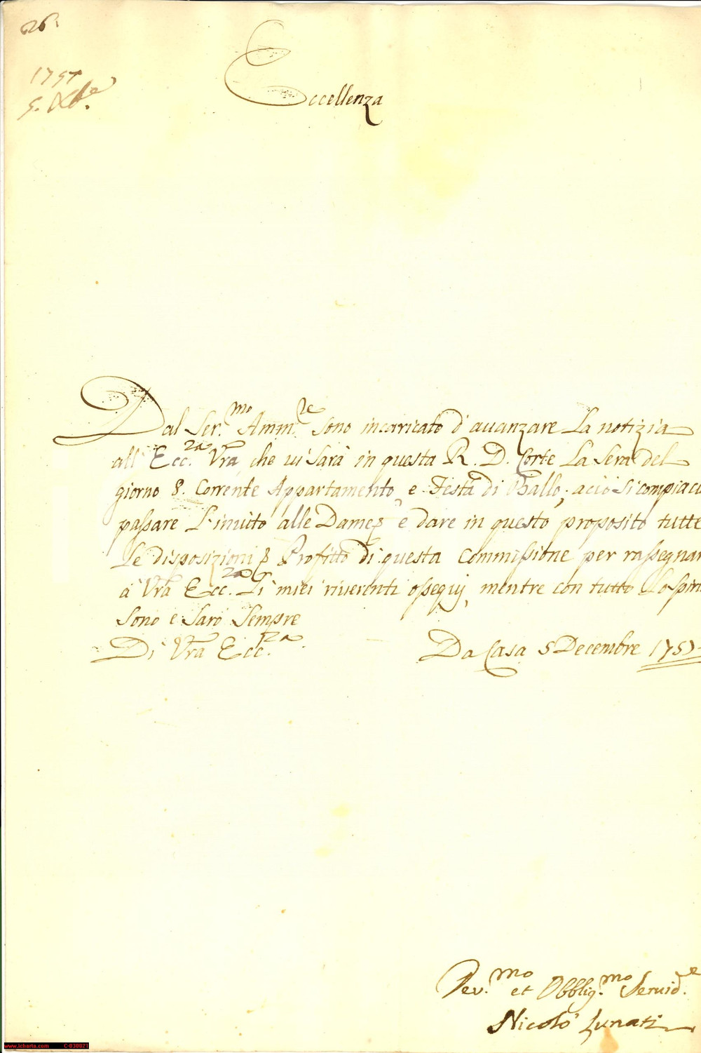 Manoscritto, lettera originale 1757 MILANO Nicolò LUNATI  festa da ballo alla Regia Ducale Corte  Lettera 1