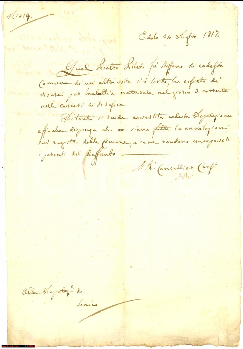 Documento originale, autentico 1817 EDOLO BS Pietro PILATI muore in carcere Documento 1