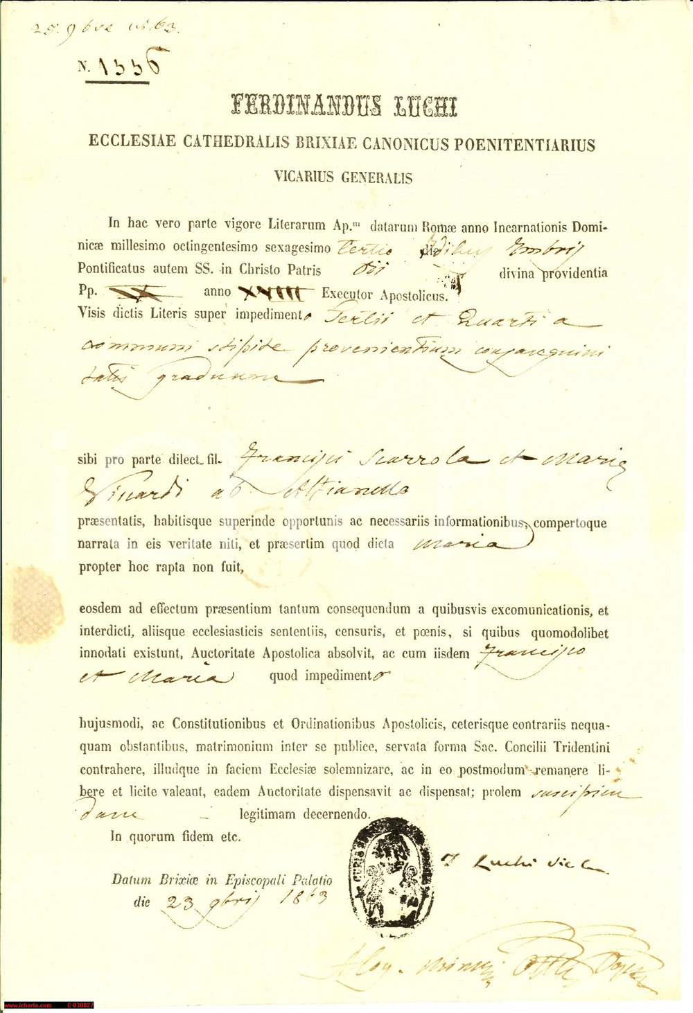Documento originale, autentico 1863 ALFIANELLO BS Dispensa nozze SCAROLA  VISCARDI consanguineità 1