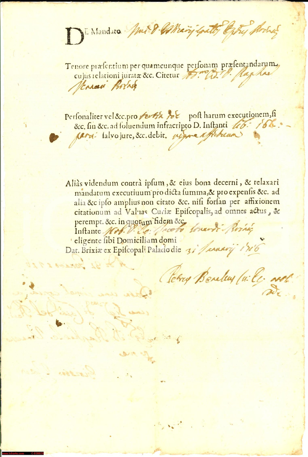 Documento originale, autentico 1716 BRESCIA Raffaele VENACESI debitore Giacomo SUARDI 1