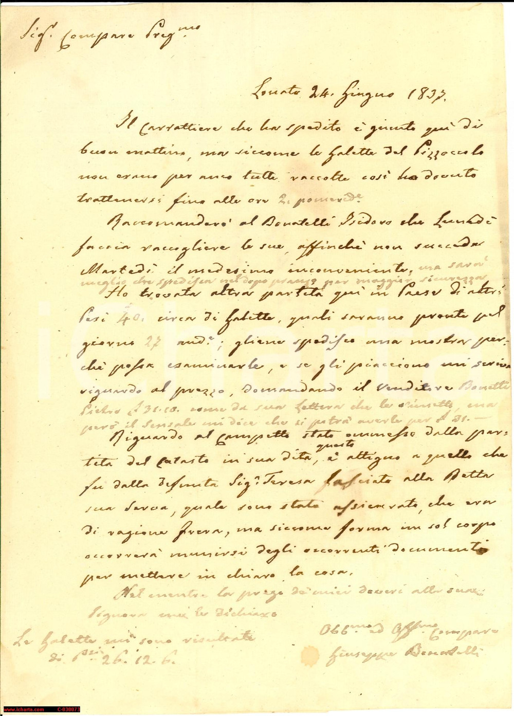 Documento originale, autentico 1837 LONATO SUL GARDA BS Attesa inutile per gallette PIZZOCCOLO 1
