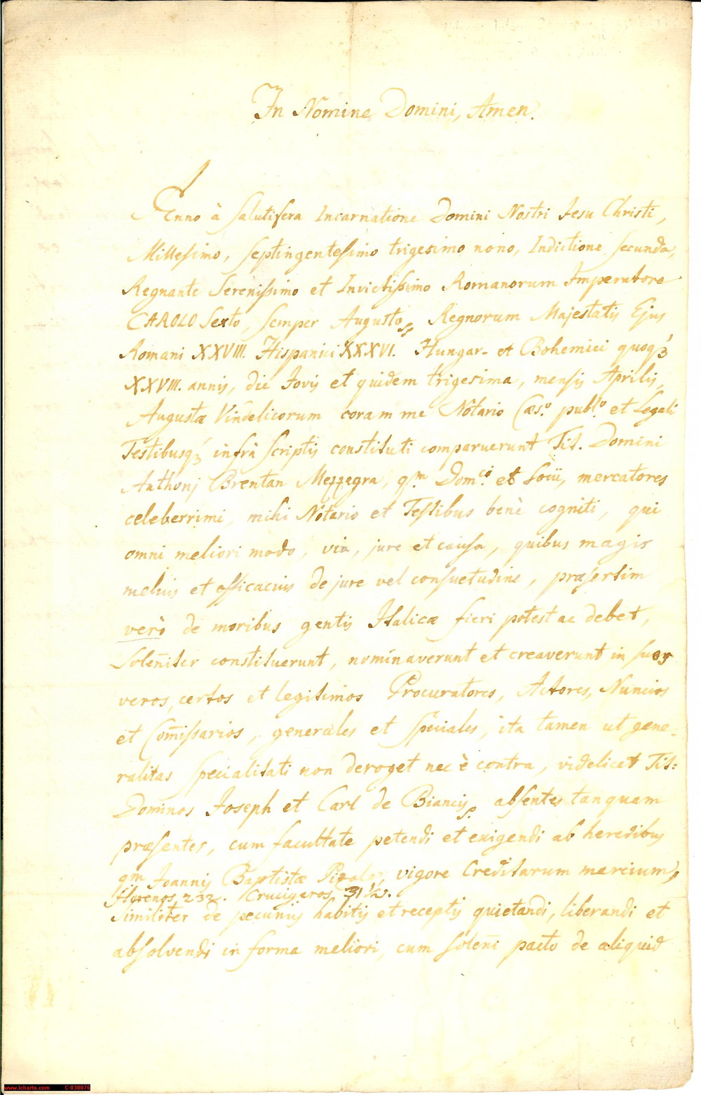 Documento originale, autentico 1739 AUGUSTA Procura mercante Antonio BRENTA MEZZEGRA 1