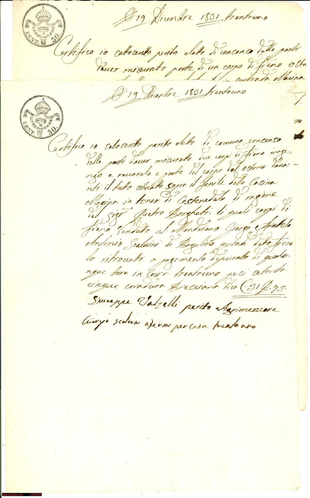 Documento originale, autentico 1831 CASTENEDOLO BS Vendita fieno SCALVINI e DONATO Documenti 1